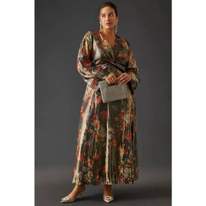 New Anthropologie Caballero Deep V-Neck Maxi Dress $248 MEDIUM Brown Motif